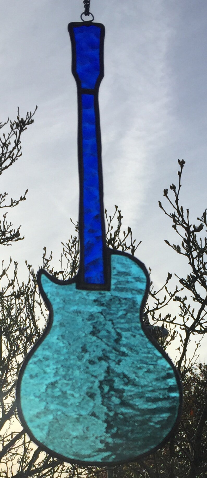 Reinforced with Copper Wire Stained Glass Electric Guitar Gibson Les Paul styled Right Handed or Left Handed Suncatcher Blue