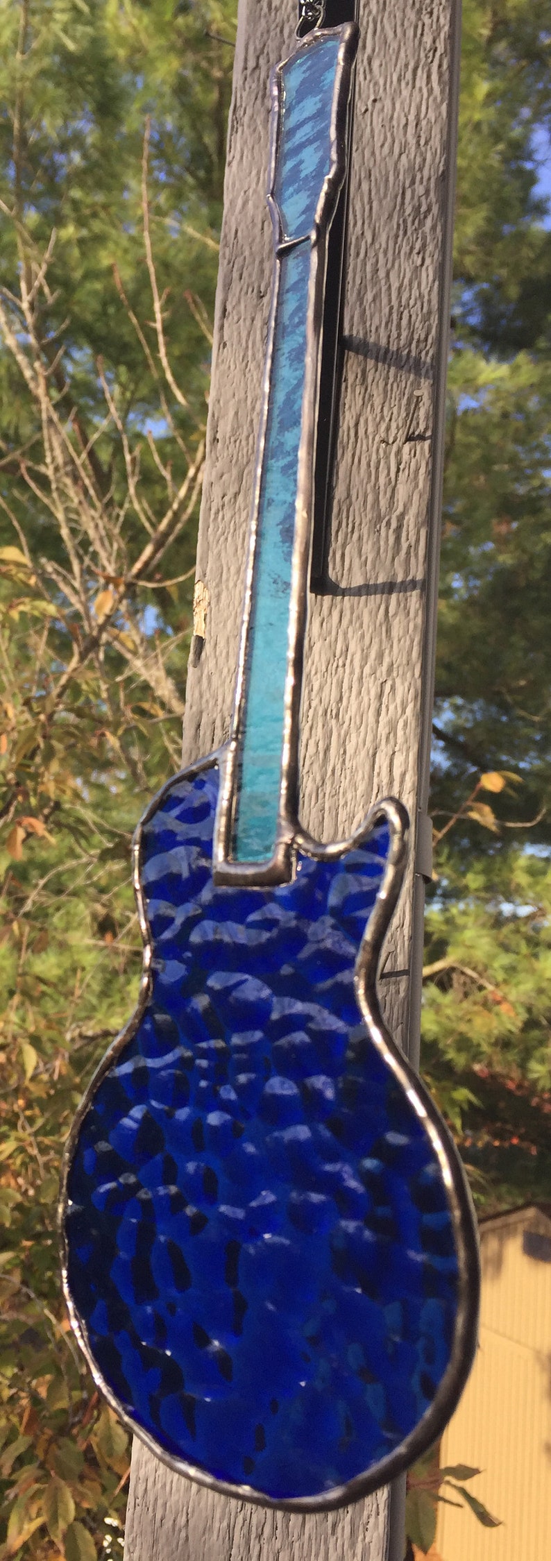 Stained Glass Electric Guitar Gibson Les Paul styled Right Handed or Left Handed Suncatcher Blue Reinforced with Copper Wire