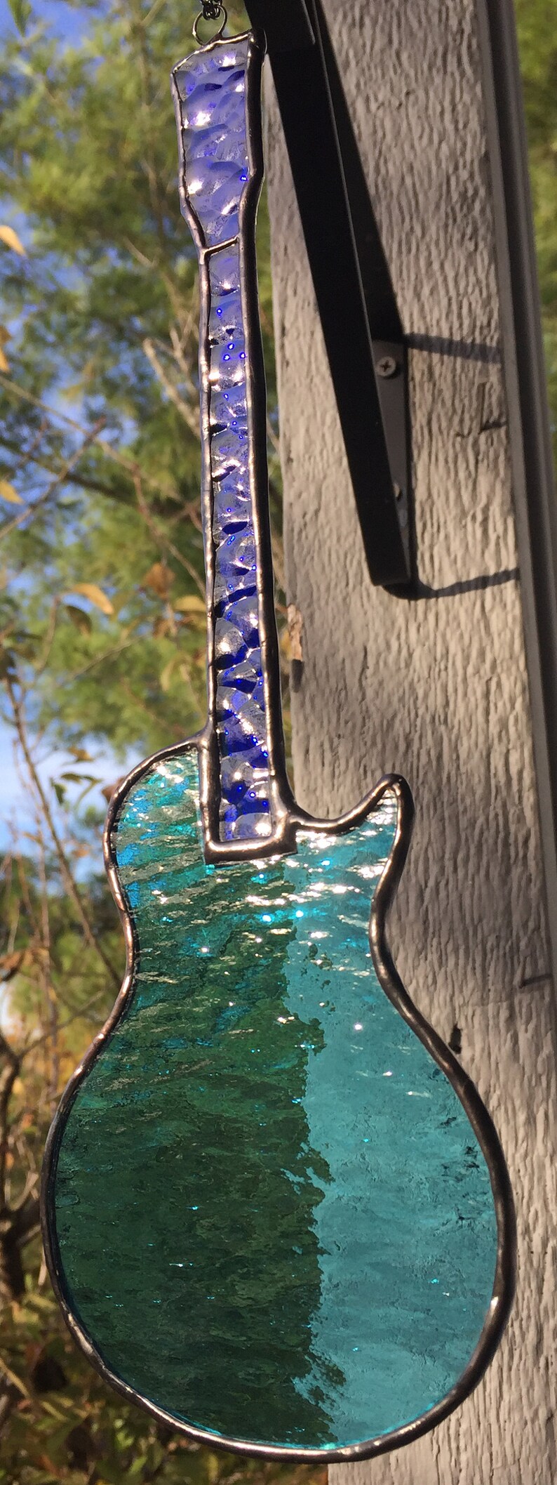 Reinforced with Copper Wire Stained Glass Electric Guitar Gibson Les Paul styled Right Handed or Left Handed Suncatcher Blue
