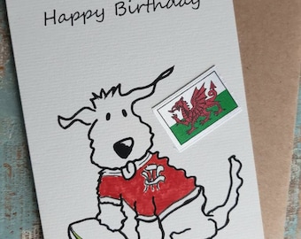 Wales Rugby Dog Birthday Card - Welsh Fan, Funny Animal Card