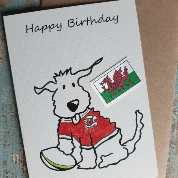 WALES RUGBY Birthday Card Dog greetings Card-animal card-funny-rugby Cymru Welsh Rugby fan Birthday card.