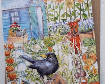 GARDEN SHED ALLOTMENT blank greetings card for garden lover with Terrier dog and cat.from the new Village Green collection