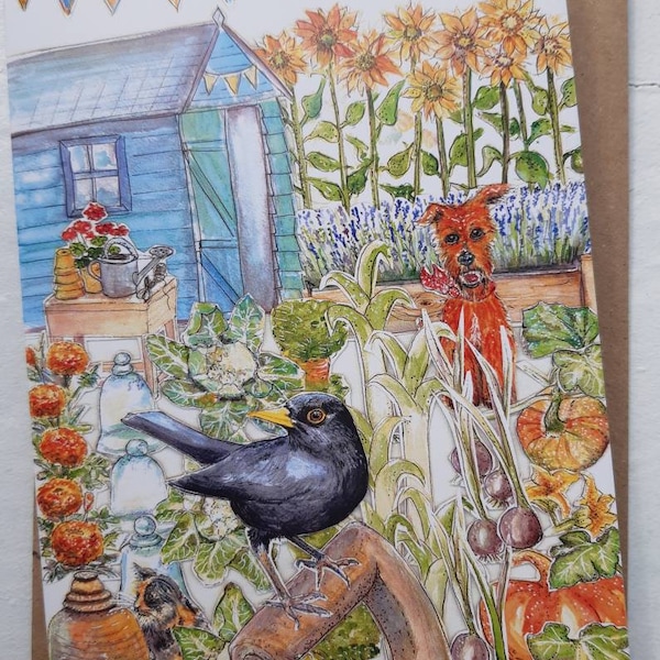 GARDEN SHED ALLOTMENT blank greetings card for garden lover with Terrier dog and cat.from the new Village Green collection