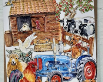 FORDSON TRACTOR FARMYARD  blank greetings card for Countryside lover with Terrier dog and cat.Fordson major tractor