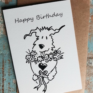 CARTE D’ANNIVERSAIRE FLEURS Salutations de chien Carte-animal carte-drôle -bouquet