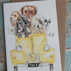 Carte de voeux vierge MOTORMUTTS Citroën 2CV CHIENS Bouledogue français, Bichon frisé, Caniche, Dogue de Bordeaux. Briard, Basset vendéen