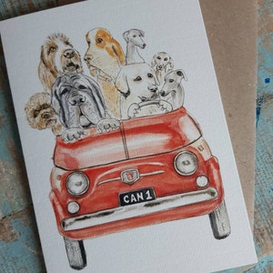 MOTORMUTTS FIAT 500 犬 ラゴット ロマニョーロ、スピノーネ、イタリアン グレイハウンド、ナポリタン マスティフ、ブラッコ、マレンマ、空白のグリーティング カード