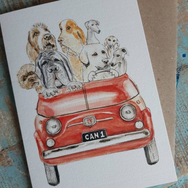 MOTORMUTTS FIAT 500 dogs Lagotto Romagnolo ,Spinone  ,Italian greyhound ,Neapolitan Mastiff,  Bracco ,Maremma ,Blank Greetings Card