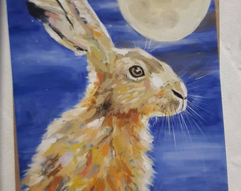 MOON GAZING HARE from the Magical Woodland Collection. Blank Greetings Card from original acrylic artwork by Sara Tuckey