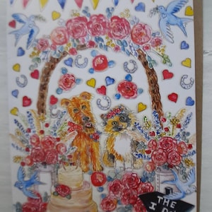 TARJETA DE BODA HAGO tarjeta de felicitación en blanco para boda o aniversario con perro Terrier y gato.de la nueva colección Village Green
