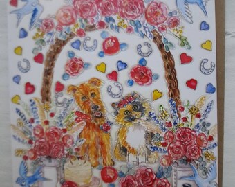 Dog and Cat Wedding Card, Watercolour Anniversary Card
