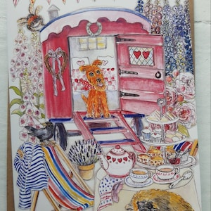 SHEPHERDS HUT Chá para dois cartão de felicitações em branco para amantes de jardins com cão e gato Terrier. da nova coleção Village Green