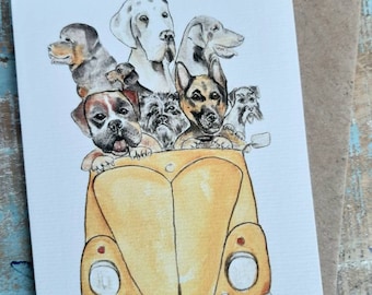 MOTORMUTTS VW BEETLE  dogs Blank Greetings Card ,Alsation, German Shepherd,Great Dane, Boxer,Schnauzer,Doberman,Rotweiler