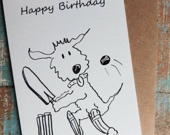 BIRTHDAY CARD CRICKET   Dog greetings Card-animal card-funny-cricket Cricket players Birthday card.  Sportsman sportswomen