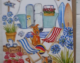 VINTAGE CARAVAN blank greetings card for COASTAL lover with Terrier dog and cat.from the new Village Green collection