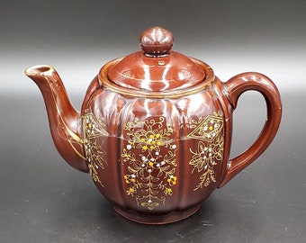 Brown Hand Painted Teapot, Made in Japan; Japanese Brown Teapot; Moriage Redware Pottery Teapot