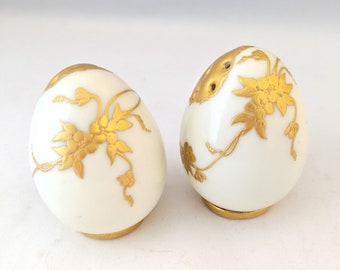 Egg Shaped Prussia Salt and Pepper Shakers, Hand Painted, Antique