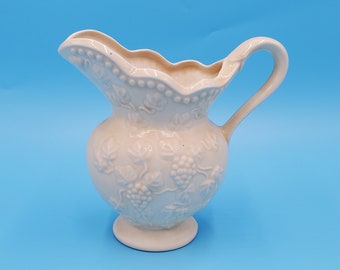 White Ceramic Pitcher; Victorian Style Pitcher; Grape Patterned Pitcher