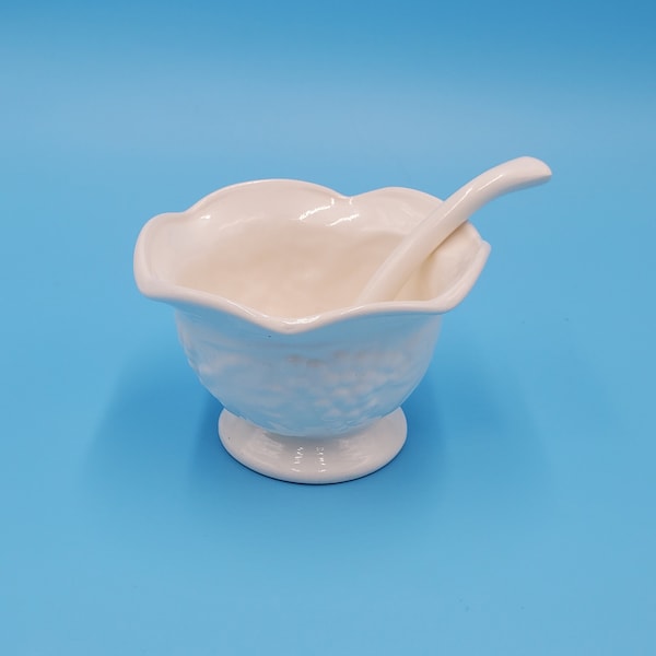 White Ceramic Custard Dish with Spoon; Small White Bowl and Spoon; Grapes and Leaves Pattern