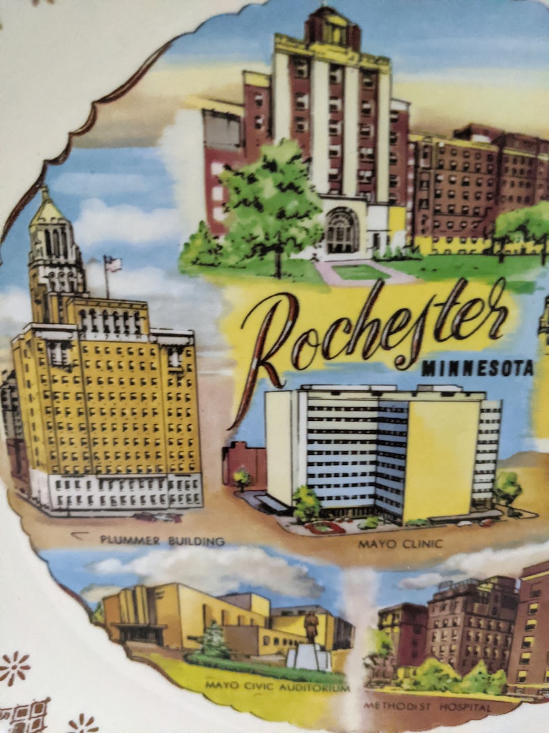 featuring the Mayo Clinic Vintage Rochester Minnesota Souvenir Plate