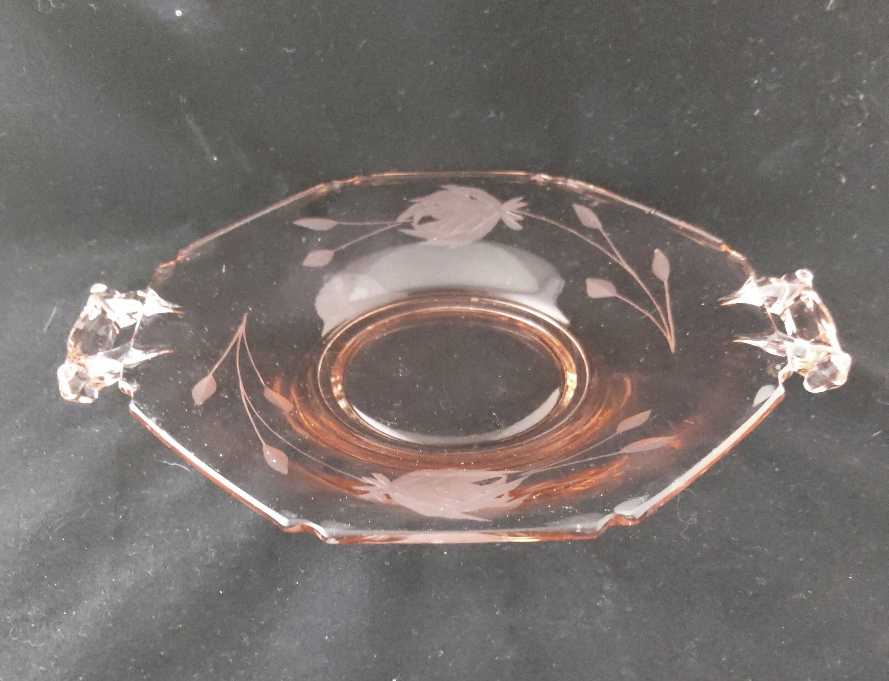 Vintage Pink Elegant Etched Glass Plate with Handles Etsy