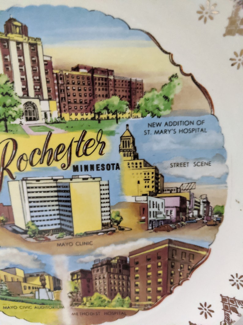 featuring the Mayo Clinic Vintage Rochester Minnesota Souvenir Plate