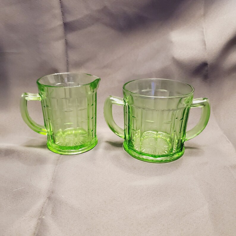 Hazel Atlas Colonial Block Uranium Glass Creamer and Sugar Etsy