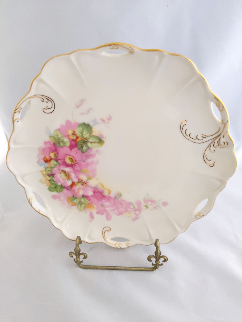 pink floral with gold trim vintage Hand painted decorative plate