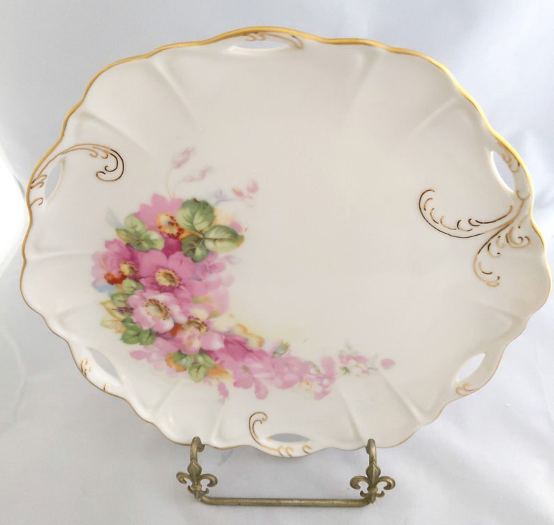 pink floral with gold trim vintage Hand painted decorative plate