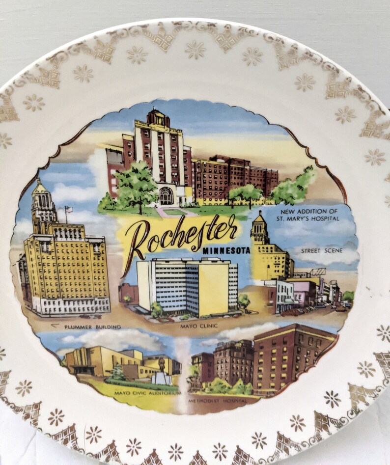 featuring the Mayo Clinic Vintage Rochester Minnesota Souvenir Plate