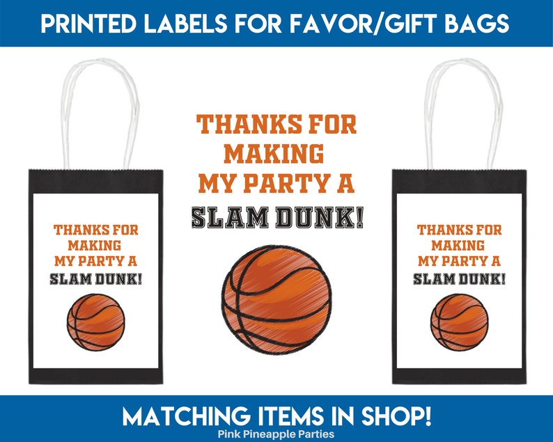 Basketball Slam DUNK FavorDessert Bag Labels Candy Bar Birthday