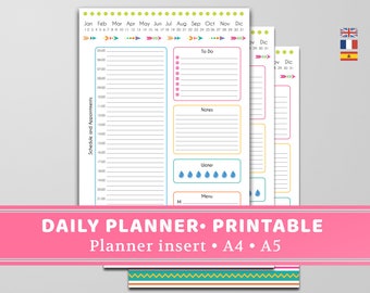 Daily Planner - Printable Planner Insert - A5, A4 - Colourful - Multi Language (English, French, Spanish)