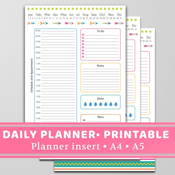 Planificateur quotidien - imprimable- A5, A4- couleur - multi langue (anglais, français, espagnol)