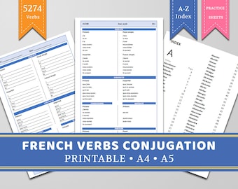 5275 Verbs - French Conjugation Set & Practice Worksheets - Printable Insert | A5, A4, and Letter Size