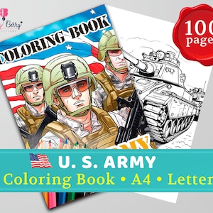 Ejército fuerte y vibrante: colorear al ejército de EE. UU. / 100 páginas para colorear / Tamaño A4 y Carta: vehículos militares, submarinos, soldados,...