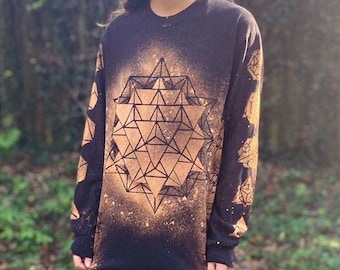 Bleach Dye Sacred Geometry 64 point Star-Long Sleeve Shirt