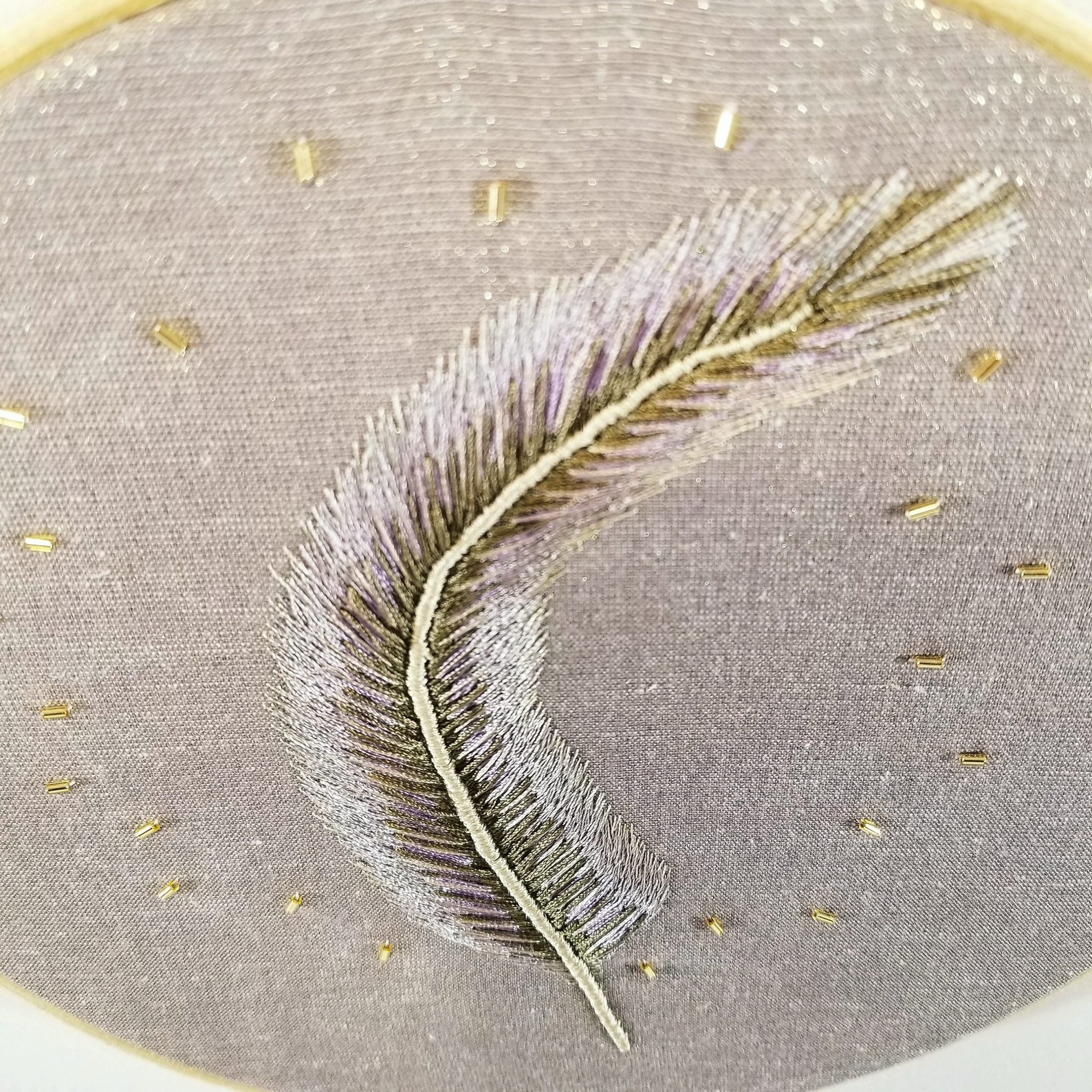 Feather no. 10 purple with beading on gold shimmery lilac Etsy