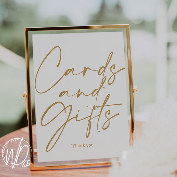 Cards and Gifts | Printable Sign | Instant PDF+JPEG download | 2 sizes: 5x7+8x10 | Elegant Gold Text | For Wedding, Bridal Shower | Theme 2