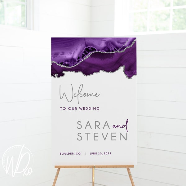 Wedding Welcome Sign |  12x18, 18x24 or 24x36 | Purple Silver Gray Agate Geode | JPEG+PDF Digital Files | Hassle free, customized by me!
