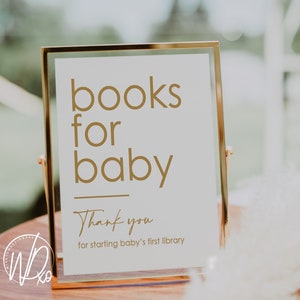 Baby Shower Books For Baby&#39;s Library | Printable Sign | Instant PDF+JPEG download | 5x7+8x10 | Modern Gold White Text