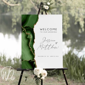 Wedding Welcome Sign |  12x18, 18x24 or 24x36 | Emerald Green Gold Agate Marble | JPEG+PDF Digital Files | Hassle free, customized by me!