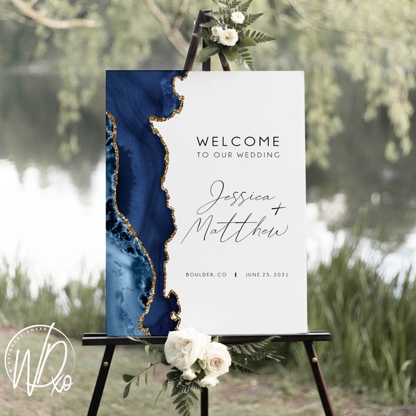 Wedding Welcome Sign |  12x18, 18x24 or 24x36 | Dark Navy Blue Gold Agate Marble | JPEG+PDF Digital Files | Hassle free, customized by me!