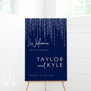 Wedding Welcome Sign |  12x18, 18x24 or 24x36 | Modern Dark Navy Blue Sparkle | JPEG+PDF Digital Files | Hassle free, customized by me!