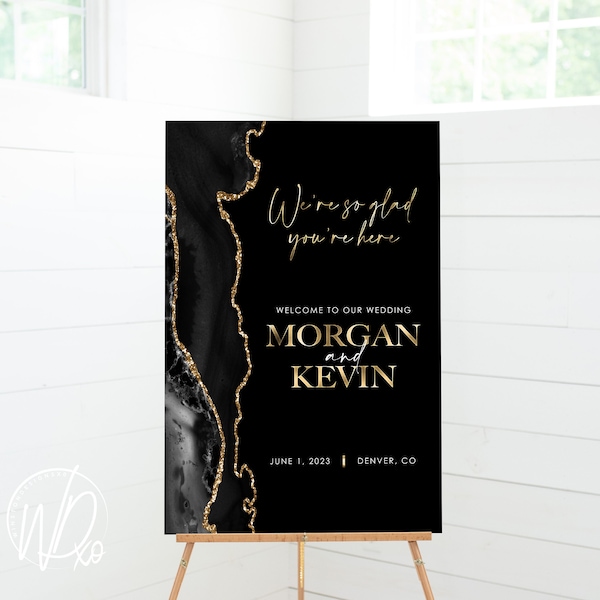 Wedding Welcome Sign | 12x18, 18x24 or 24x36 | Modern Black Gold Marble Agate | JPEG+PDF Digital Files | Hassle free, customized by me!