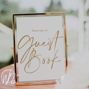 Please Sign Our Guestbook | Printable Sign | Instant PDF+JPEG download | 5x7+8x10 | Elegant Gold Text | For Wedding, Anniversary | Theme 2