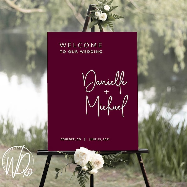 Wedding Welcome Sign |  12x18, 18x24 or 24x36 | Modern Dark Burgundy | JPEG+PDF Digital Files | Hassle free, customized by me!