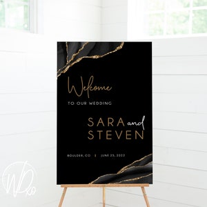 Wedding Welcome Sign |  12x18, 18x24 or 24x36 | Black White Gold Agate Geode | JPEG+PDF Digital Files | Hassle free, customized by me!