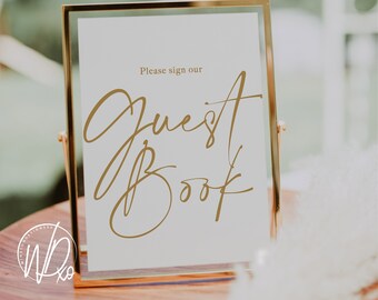 Por favor, firme nuestro libro de visitas / Signo imprimible / Descarga instantánea de PDF+JPEG / 5x7+8x10 / Texto dorado elegante / Para boda, aniversario / Tema 2