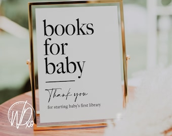 Baby Shower Books For Baby's Library | Printable Sign | Instant PDF+JPEG download | 5x7+8x10 | Elegant Modern Black White Theme