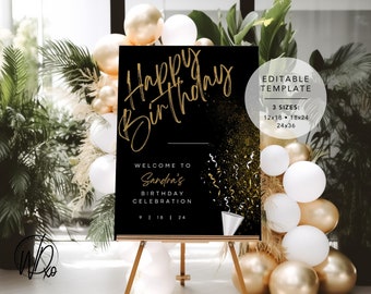 Gelukkige verjaardag welkom teken | Bewerkbare sjabloon | Direct downloaden | GRATIS bewerken in Canva | Maten 12x18, 18x24, 24x36 | Moderne zwarte goud